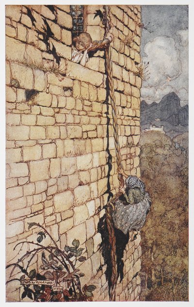 Ilustracja przedstawiająca wiedźmę wspinającą się po włosach Roszpunki. autorstwa Arthur Rackham