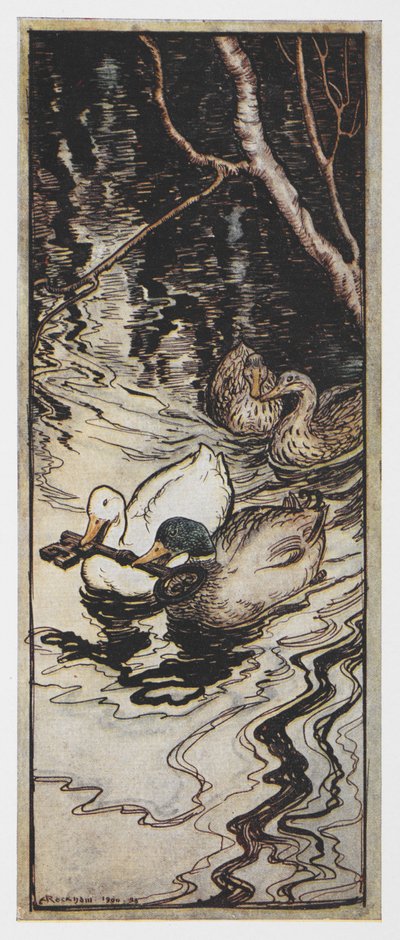 Ilustracja przedstawiająca dwie kaczki niosące klucz z filmu Królowa Pszczół. autorstwa Arthur Rackham