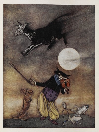 Ilustração para uma canção de ninar. Uma vaca saltando sobre a Lua. Um gato tocando violino. Um cachorro. Um prato fugindo com uma colher.polonês autorstwa Arthur Rackham
