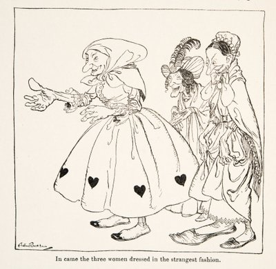 Weszły trzy kobiety ubrane w najdziwniejszy sposób, z Little Brother & Little Sister i Other Tales by the Brothers Grimm, pub.1917 (lito) autorstwa Arthur Rackham