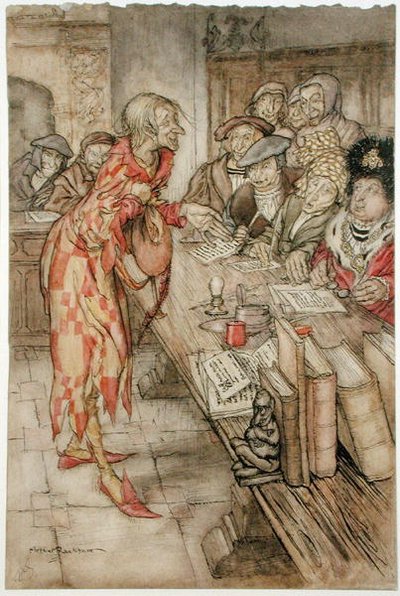 „Nadeszła najdziwniejsza postać”, ilustracja z „The Pied Piper of Hamelin”, autorstwa Roberta Browninga (1812-89), wersja opublikowana 1929 (akwarela z piórem i atramentem na papierze) autorstwa Arthur Rackham