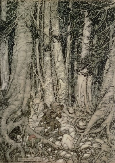 W lesie z beczką z Rip Van Winkle napisanej przez Washington Irving (1783-1859), 1905 autorstwa Arthur Rackham