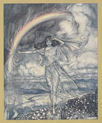 Iris tam, z wilgotnym dziobem”. autorstwa Arthur Rackham