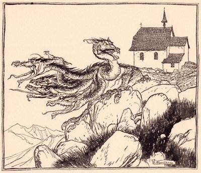 Niedługo potem pojawił się siedmiogłowy smok, głośno rycząc. Ilustracja autorstwa Arthura Rackhama z baśni Grimm, Dwaj bracia. autorstwa Arthur Rackham