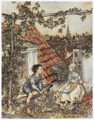 "Kay e Gerda em seu jardim no alto do telhado". Duas crianças sentadas no telhado de uma casa. Ilustração para "a garotinha e o garotinho".polonês autorstwa Arthur Rackham