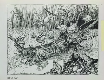 King Log, ilustracja z „Bajek Ezopa”, wyd. Heinemann, 1912 autorstwa Arthur Rackham