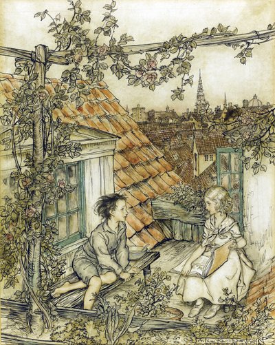 La Reine des neiges - Kay i Gerda w swoim ogrodzie wysoko na dachu. Ilustracja do opowieści o Królowej Śniegu par Rackham, Arthur (1867-1939) autorstwa Arthur Rackham