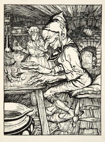 Lay!, ryknął olbrzym, po czym kura natychmiast złożyła jajo ze szczerego złota, z pubu The Arthur Rackham Fairy Book. 1933 autorstwa Arthur Rackham