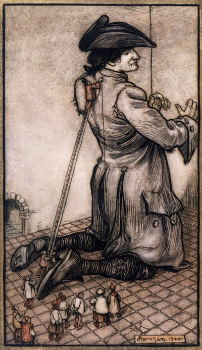 Liliputowi krawcy mierzący Guliwera, aby zrobić mu nowy garnitur, ilustracja autorstwa Arthura Rackhama (1867-1939) z Podróży Guliwera Jonathana Swifta (Dublin autorstwa Arthur Rackham