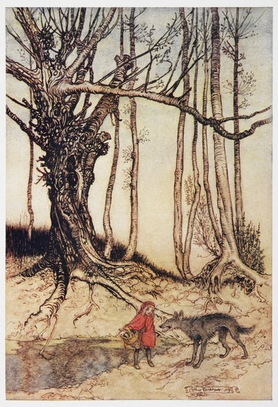 Czerwony Kapturek i wilk w lesie. autorstwa Arthur Rackham