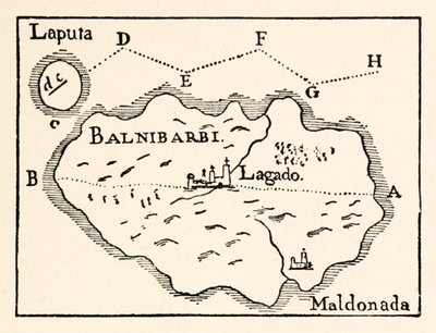 Mapa Laputa (latająca wyspa po prawej) i Balnibarbi (główny port Maldonado) z części III: Podróż do Laputy, Balnibarbi, Luggnagg, Glubbdubdrib i Japonii w Gullivers Travels by Jonathan Swift autorstwa Arthur Rackham
