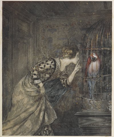 May Colvin i papuga w klatce. autorstwa Arthur Rackham