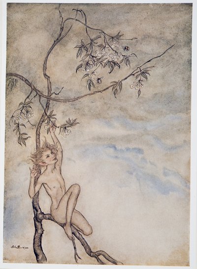 Wesoło, wesoło będę żył teraz pod kwiatem wiszącym na konarze, ilustracja z wyd. William Shakespeares Burza. 1926 autorstwa Arthur Rackham