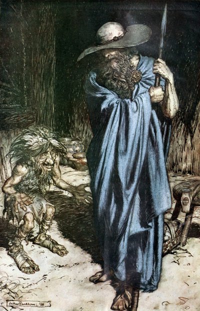 Mim i Wędrowiec. Ilustracja do Zygfryda i Zmierzchu bogów autorstwa Richarda Wagnera, autorstwa Arthur Rackham