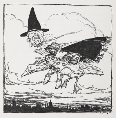 Matka gęś lecąca na gęsi. autorstwa Arthur Rackham
