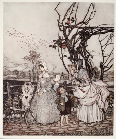 Mama i dzieci wracają ze zbioru jabłek, z pubu Rip Van Winkle by Washington Irving. 1910 autorstwa Arthur Rackham