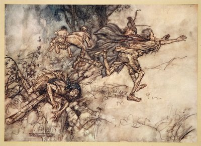 O potworny! O dziwny! jesteśmy nawiedzone. Módlcie się, mistrzowie! latać, mistrzowie! Pomocy!, ilustracja ze „Snu nocy letniej” Williama Szekspira, 1908 autorstwa Arthur Rackham