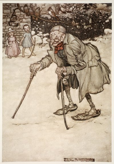 Stary człowiek z dwoma kijami, z pubu Rip Van Winkle autorstwa Washingtona Irvinga. 1910 autorstwa Arthur Rackham