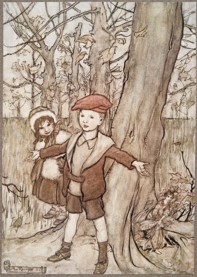 Pewnego dnia podsłuchała ich wróżka .. , Piotruś Pan w Kensington Gardens JM Barrie (1860 - 1937), wyd. 1906 autorstwa Arthur Rackham