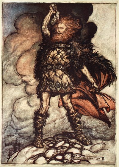 „Jeden z bogów, Donner, przywołuje mgłę”, 1910. autorstwa Arthur Rackham