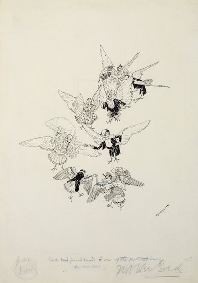 Jeden z najładniejszych tańców, jakie kiedykolwiek widziałeś, ilustracja z The Zankiwank and the Bletherwitch autorstwa S.J. Adair Fitzgerald, opublikowany 1896 (pióro i atrament) autorstwa Arthur Rackham