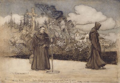 Ojciec Alonzo obserwował go poza zasięgiem wzroku, ilustracja z Good Night Eleanor Gates, 1907 (pióro i atrament i toaleta na papierze) autorstwa Arthur Rackham