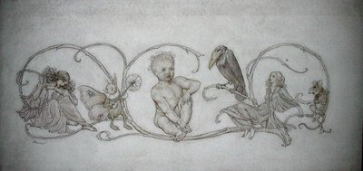 Piotruś Pan, ilustracja z „Peter Pan w Kensington Gardens, Londyn”, opublikowana w 1906 r. (pióro i atrament oraz akwarela na papierze) autorstwa Arthur Rackham