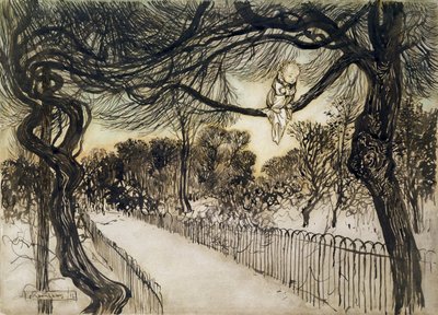 Piotruś Pan na gałęzi, scena z Piotrusia Pana w Kensington Gardens autorstwa J.M Barrie, 1912 (pióro i atrament oraz toaleta) autorstwa Arthur Rackham