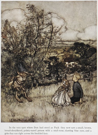 Puck ukazuje się Danowi i Unie. Historia osadzona na wzgórzach Sussex. autorstwa Arthur Rackham