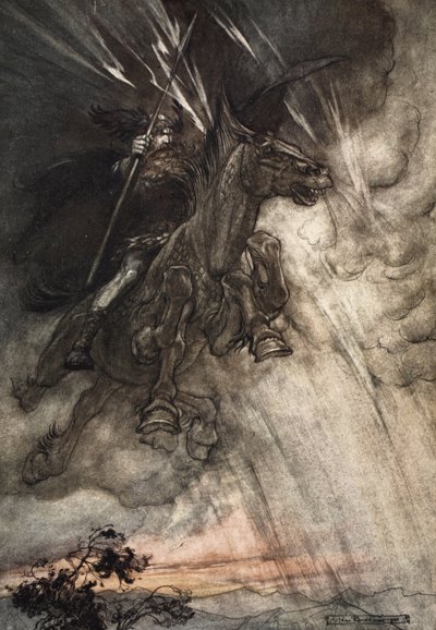 Wściekły, Wotan jedzie na skałę! Nadchodzi jak burzowy wiatr!, frontyspis do „Złoto Renu i Walkiria” autorstwa Arthur Rackham