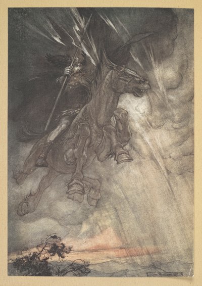 „Wściekły, Wotan jedzie do Skały! Nadchodzi jak burza!” autorstwa Arthur Rackham
