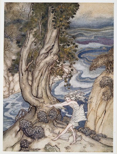 Wejdź ponownie do Ariel jak wodna nimfa, ilustracja z Burzy Williama Szekspira, wyd. 1926 autorstwa Arthur Rackham