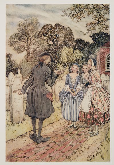 Recytując dla rozrywki wszystkie epitafia na nagrobkach..., z The Legend of Sleepy Hollow autorstwa Washingtona Irvinga (1783 - 1859), wyd. 1928 autorstwa Arthur Rackham