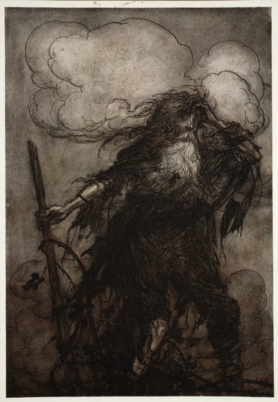 Rip się budzi. Pewnie, chociaż on, nie spałem tu całą noc? Och! Ta dzban! Ta nikczemna dzban! Jaką wymówkę mam przed Dame Van Winkle? z Rip Van Winkle przez Washington Irving, wyd. 1910 autorstwa Arthur Rackham