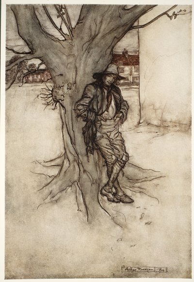 Rips syn, dokładny odpowiednik samego siebie, gdy wspinał się na górę, z pubu Rip Van Winkle by Washington Irving. 1910 autorstwa Arthur Rackham