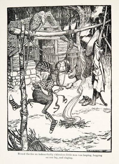 Wokół ogniska niewypowiedzianie śmieszny człowieczek skakał, podskakiwał na jednej nodze i śpiewał z pubu The Fairy Tales of the Brothers Grimm. 1909 autorstwa Arthur Rackham