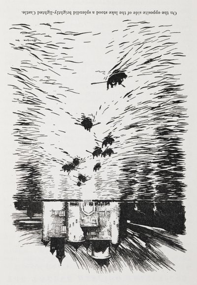 Łodzie wiosłowe na rzece zbliżającej się nocą do zamku. autorstwa Arthur Rackham