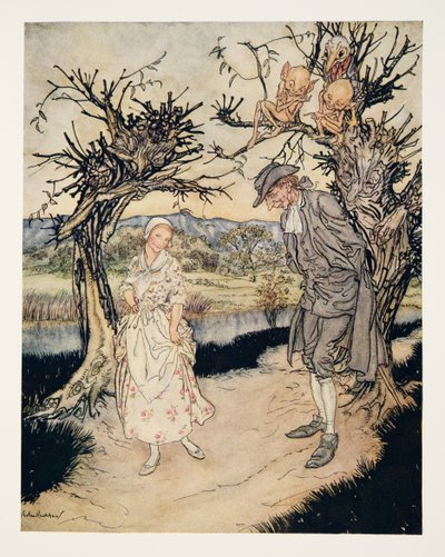 Spacerując po zmierzchu…, z „Legendy o sennej kotlinie” Washingtona Irvinga (1783 - 1859), wyd. 1928 autorstwa Arthur Rackham