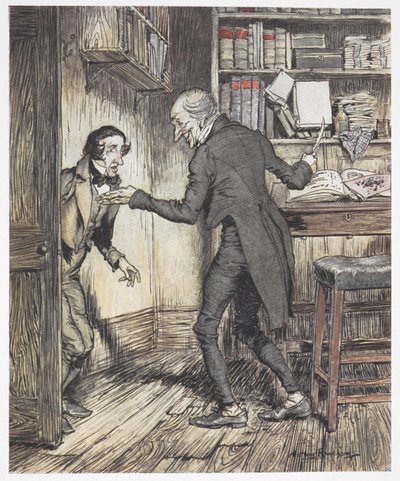 Scrooge pisze w swoim biurze, gdy wchodzi inny mężczyzna autorstwa Arthur Rackham