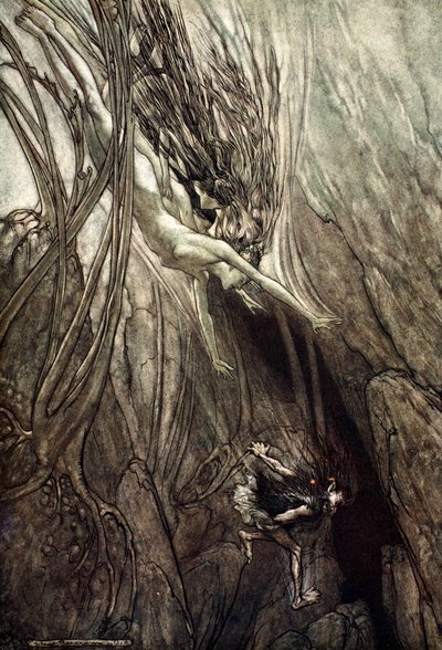 „Schwytaj złodziejaszka! Uratuj złoto! Pomóż nam! Pomóż nam! Biada! Biada!”, 1910. autorstwa Arthur Rackham