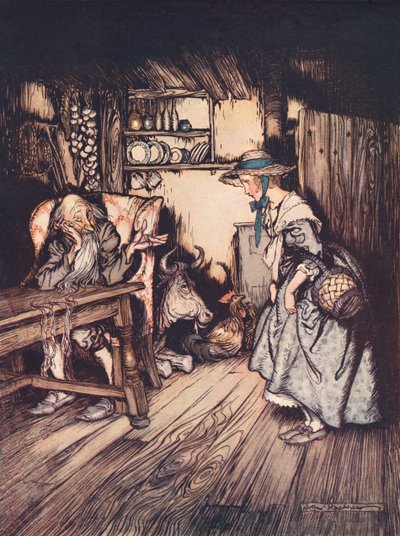 Błagała bardzo ładnie, aby pozwolono jej spędzić tam noc. Ilustracja Arthura Rackhama z baśni Grimm, The Hut in the Forest, opublikowanej pod koniec XIX wieku. autorstwa Arthur Rackham