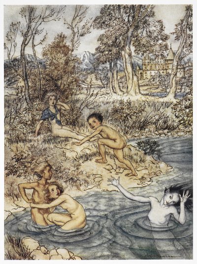„Natknęła się na całe stado małych dzieci”. Kolorowa ilustracja do bajki „Mała syrenka”. autorstwa Arthur Rackham