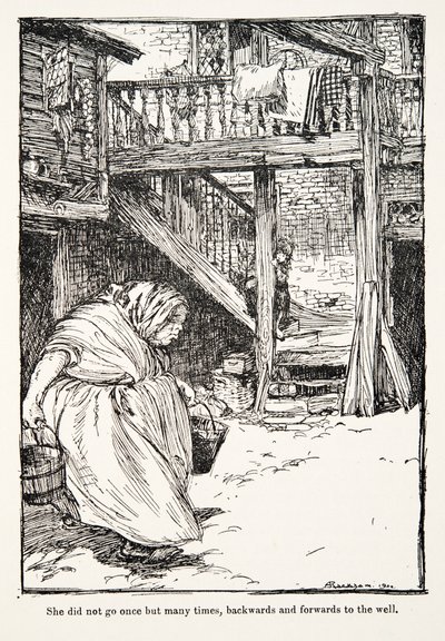 Nie raz szła, ale wiele razy, tam i z powrotem do studni, z The Fairy Tales of the Brothers Grimm, pub. 1909 autorstwa Arthur Rackham
