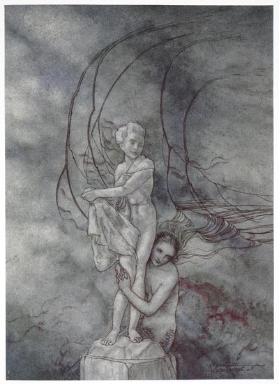 „Objęła ramionami marmurową figurę, która była tak podobna do księcia”. Ilustracja do bajki „Mała syrenka”. autorstwa Arthur Rackham