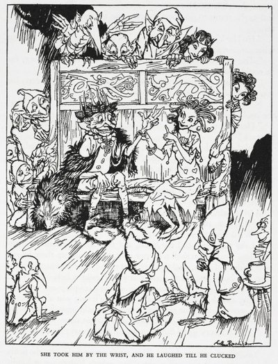 „Wzięła go za nadgarstek, a on śmiał się, aż cmoknął”. Elfickie dziewice i gobliny. Ilustracja do „elfiego wzgórza”. autorstwa Arthur Rackham