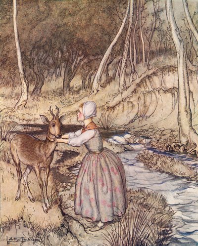 Zdjęła swoją złotą podwiązkę i zarzuciła ją na szyję Sarny. Ilustracja Arthura Rackhama z Grimm