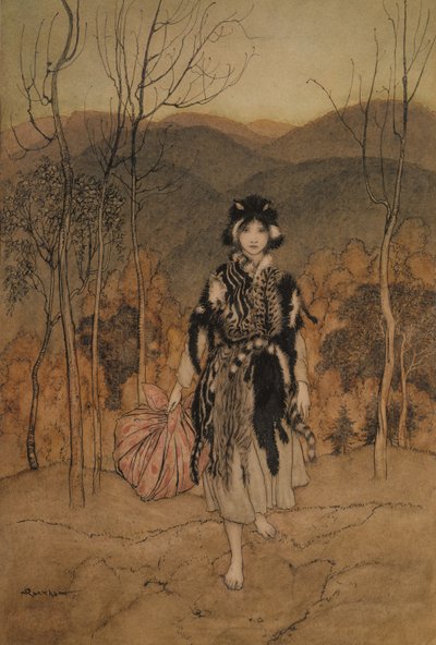 Ona poszła i poszła dalej ubrana w kocią skórę, ilustracja z angielskich bajek opowiedzianych przez F.A. Steela, opublikowanych w 1918 r. (pióro i atrament i toaleta na papierze) autorstwa Arthur Rackham