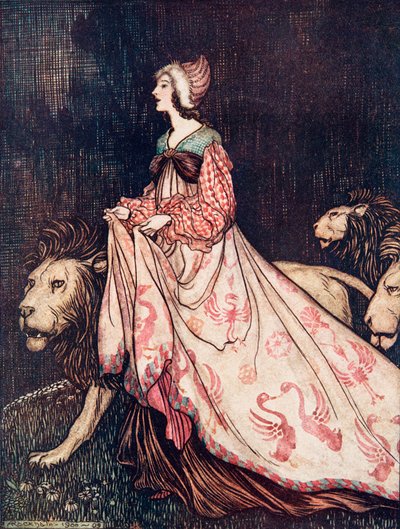 Odeszła w towarzystwie Lwów, z The Fairy Tales of the Brothers Grimm, pub. 1909 autorstwa Arthur Rackham