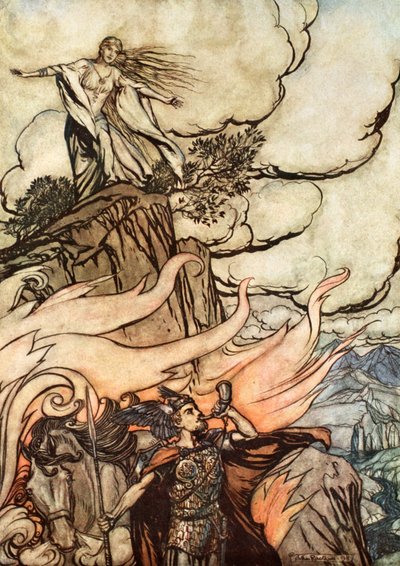 „Siegfried opuszcza Brunhildę w poszukiwaniu przygody”, 1924. autorstwa Arthur Rackham