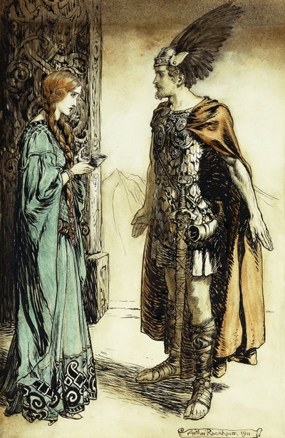 Zygfryd spotyka Gutrune: Zmierzch bogów, 1911 autorstwa Arthur Rackham